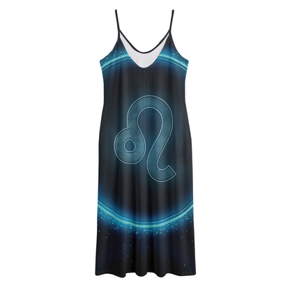 Blue Leo Zodiac Sign Print Jersey Midi Cami Dress