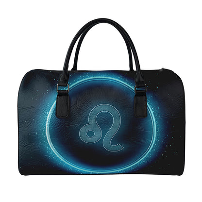 Blue Leo Zodiac Sign Print Leather Duffle Bag