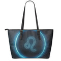 Blue Leo Zodiac Sign Print Leather Tote Bag With Zipper