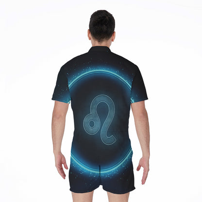Blue Leo Zodiac Sign Print Men's Rompers