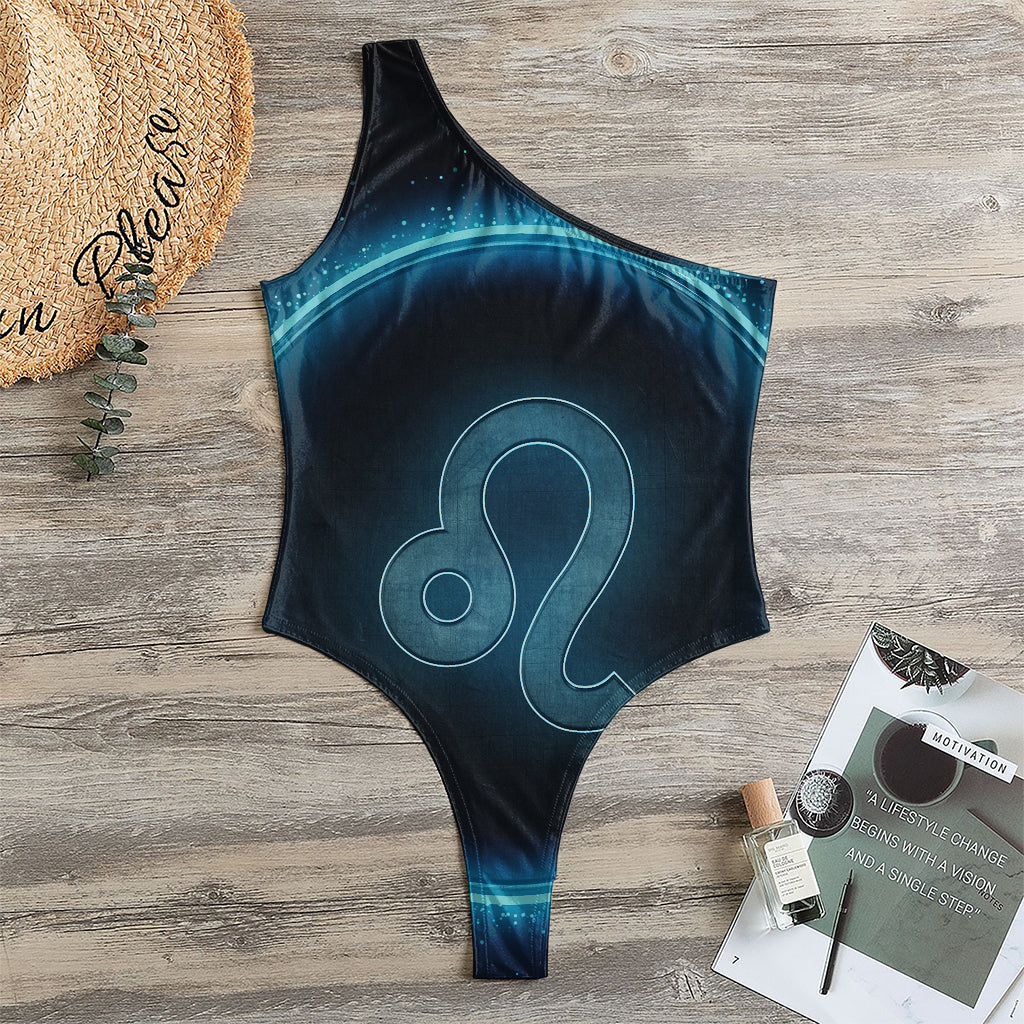Blue Leo Zodiac Sign Print One Shoulder Bodysuit