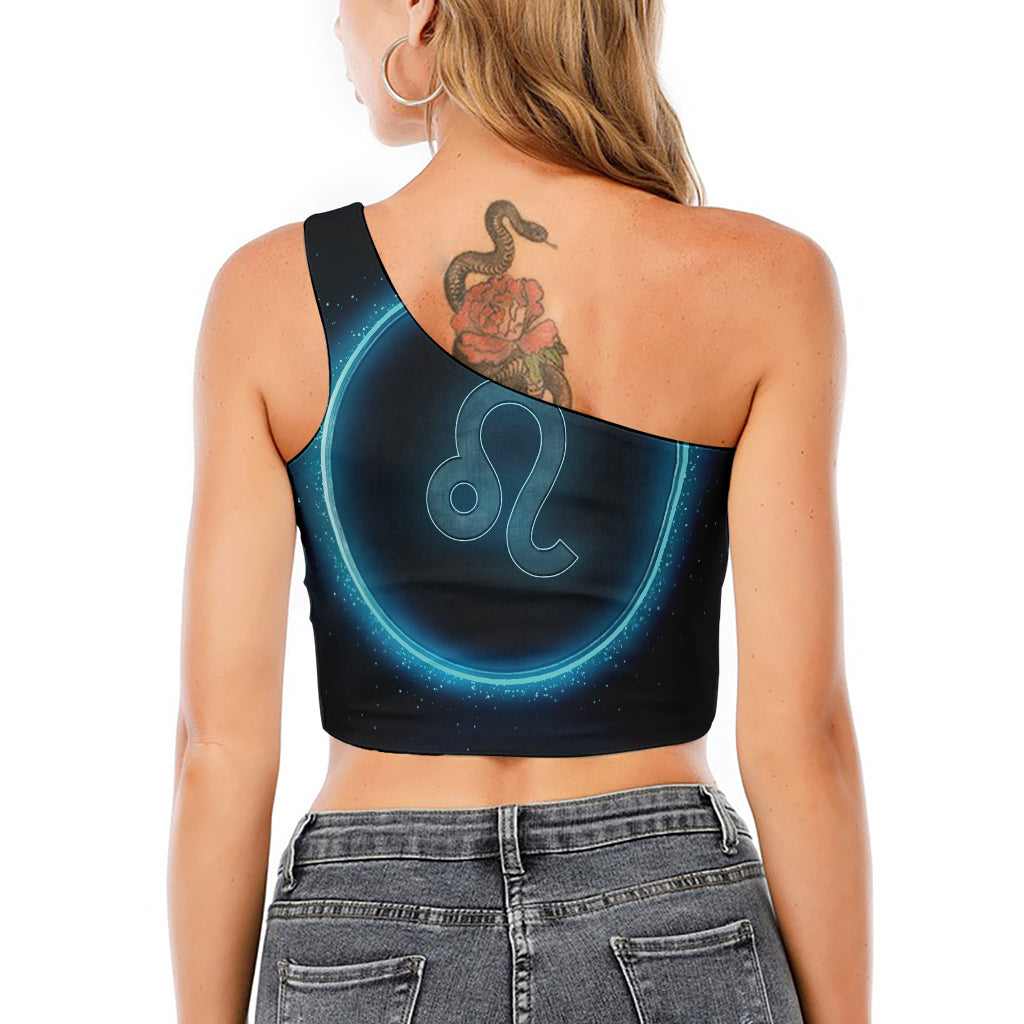 Blue Leo Zodiac Sign Print One Shoulder Crop Top
