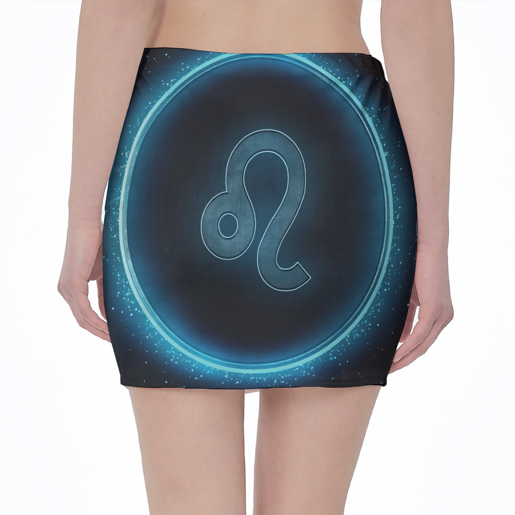 Blue Leo Zodiac Sign Print Pencil Mini Skirt
