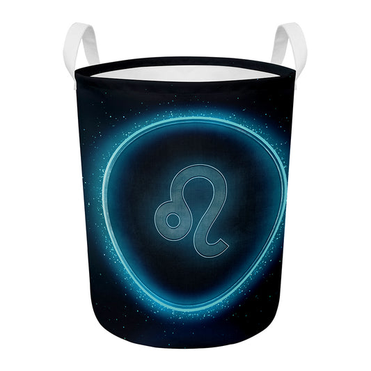 Blue Leo Zodiac Sign Print Round Laundry Basket
