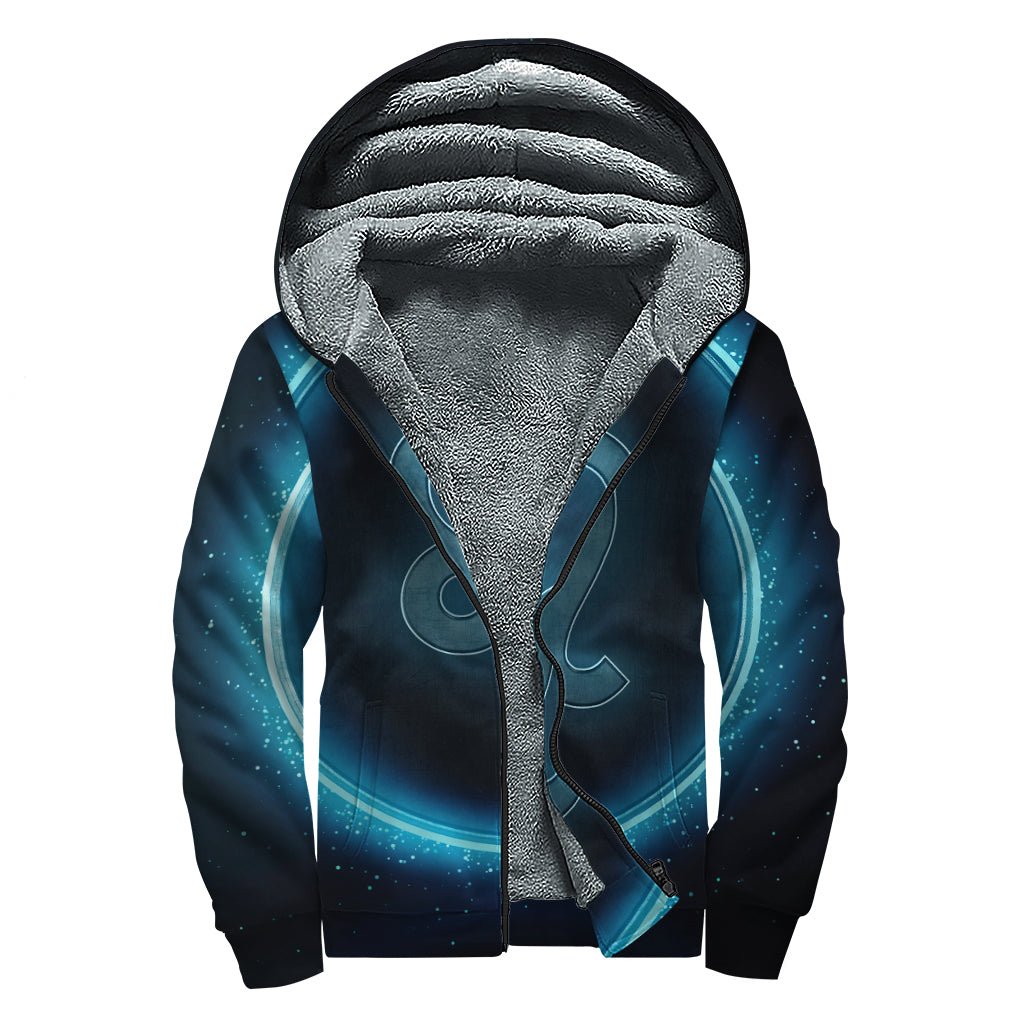 Blue Leo Zodiac Sign Print Sherpa Lined Zip Up Hoodie