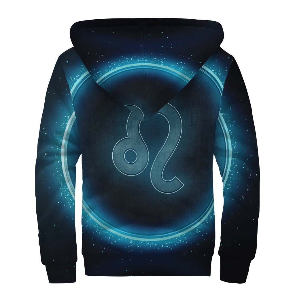 Blue Leo Zodiac Sign Print Sherpa Lined Zip Up Hoodie
