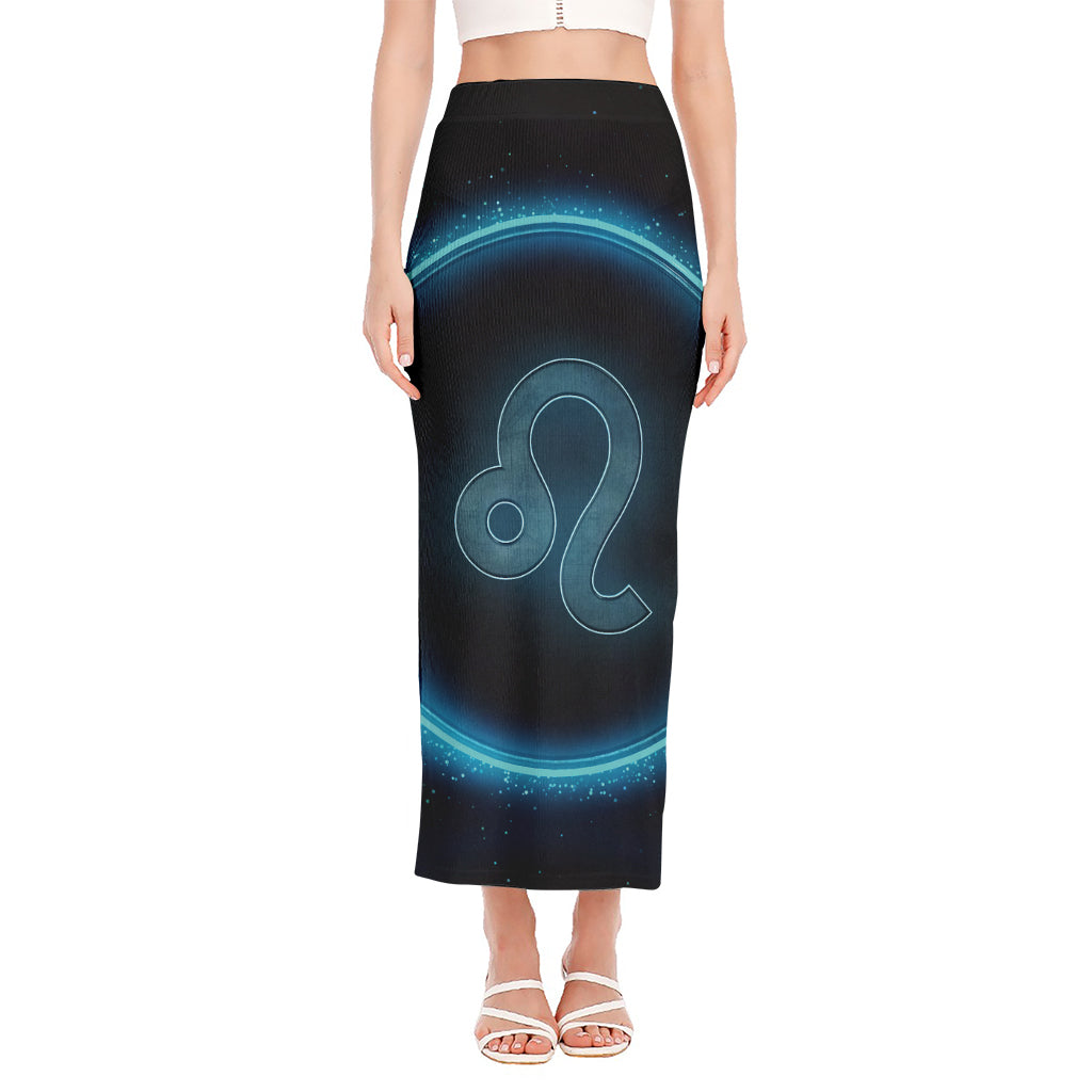 Blue Leo Zodiac Sign Print Side Slit Maxi Skirt