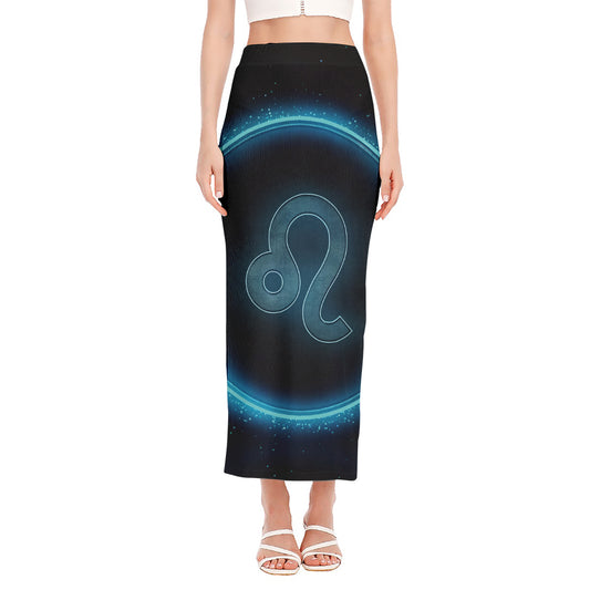 Blue Leo Zodiac Sign Print Side Slit Maxi Skirt