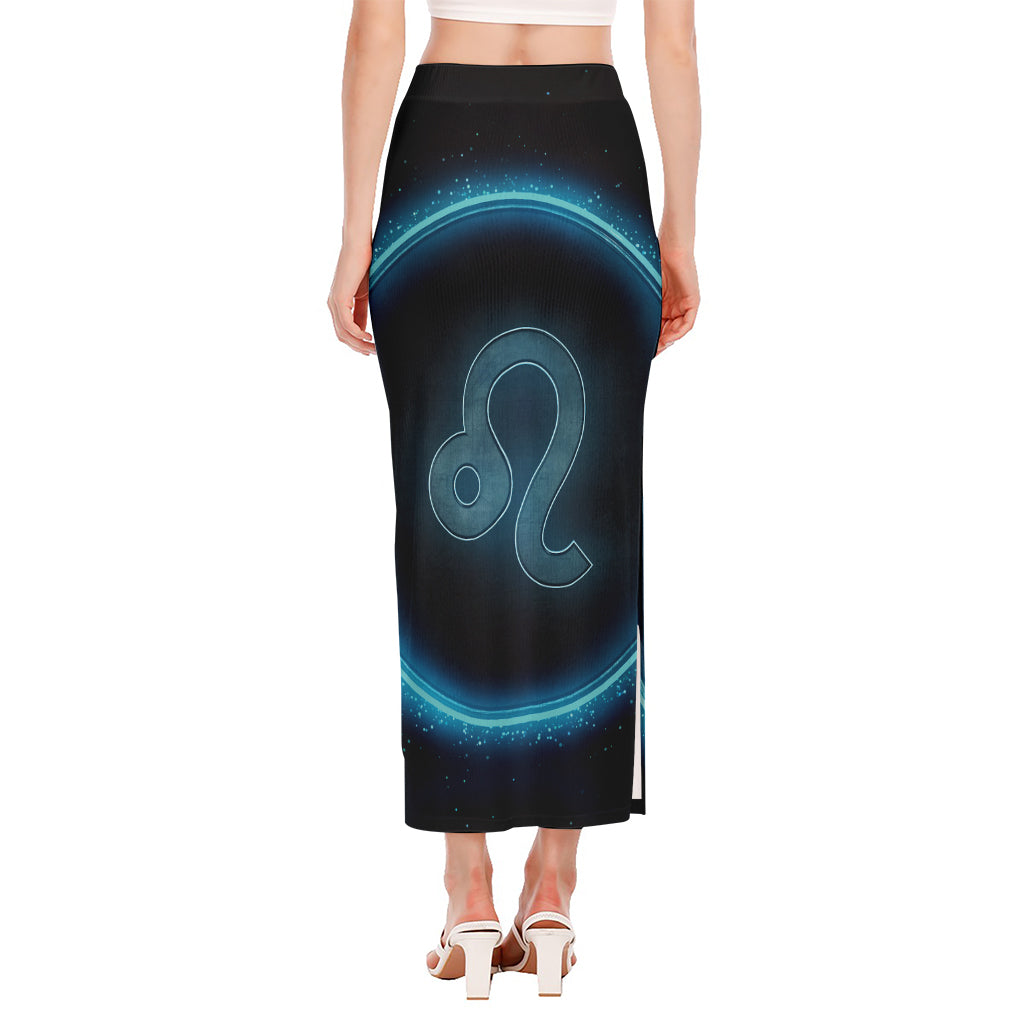 Blue Leo Zodiac Sign Print Side Slit Maxi Skirt