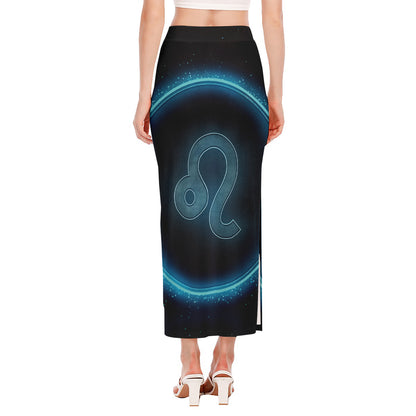 Blue Leo Zodiac Sign Print Side Slit Maxi Skirt