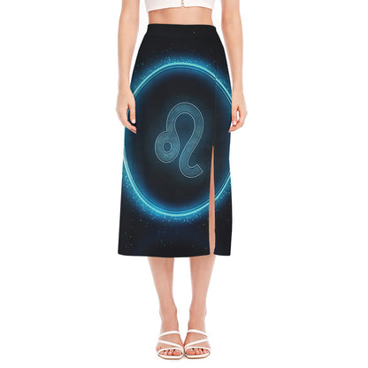 Blue Leo Zodiac Sign Print Side Slit Midi Skirt