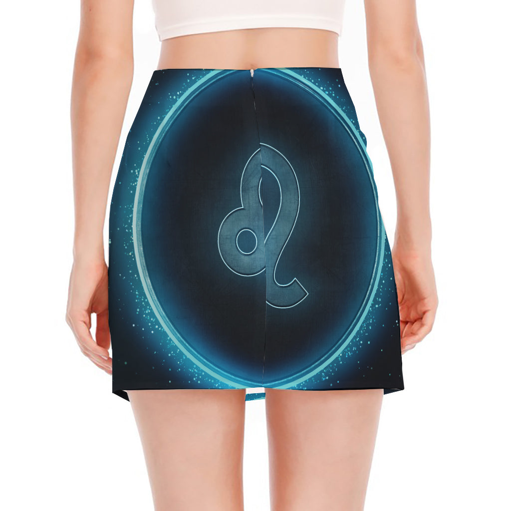 Blue Leo Zodiac Sign Print Side Slit Mini Skirt