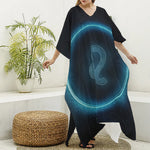 Blue Leo Zodiac Sign Print Silk V-Neck Kaftan Dress