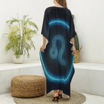 Blue Leo Zodiac Sign Print Silk V-Neck Kaftan Dress