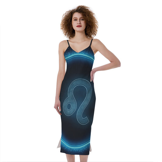 Blue Leo Zodiac Sign Print Slim Fit Midi Cami Dress