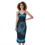 Blue Leo Zodiac Sign Print Slim Fit Midi Cami Dress