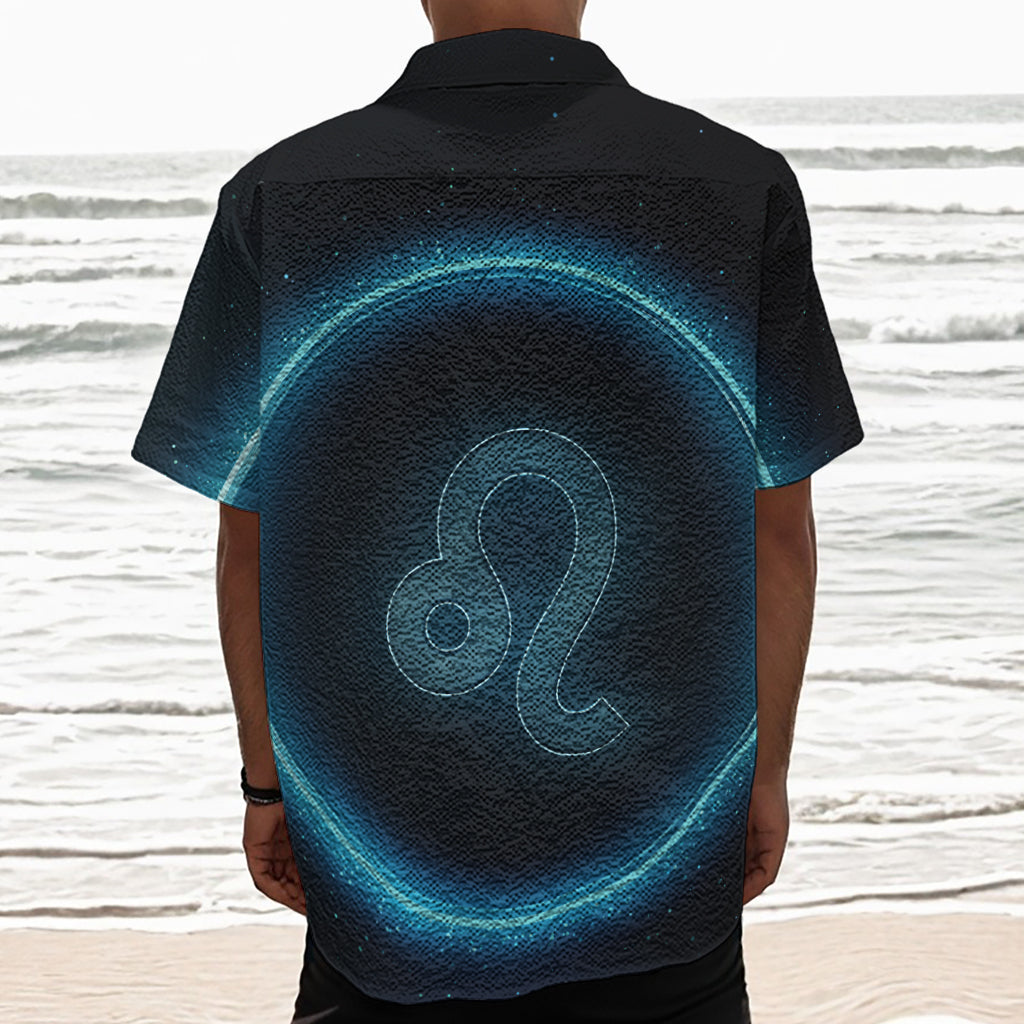 Blue Leo Zodiac Sign Print Textured Short Sleeve Shirt