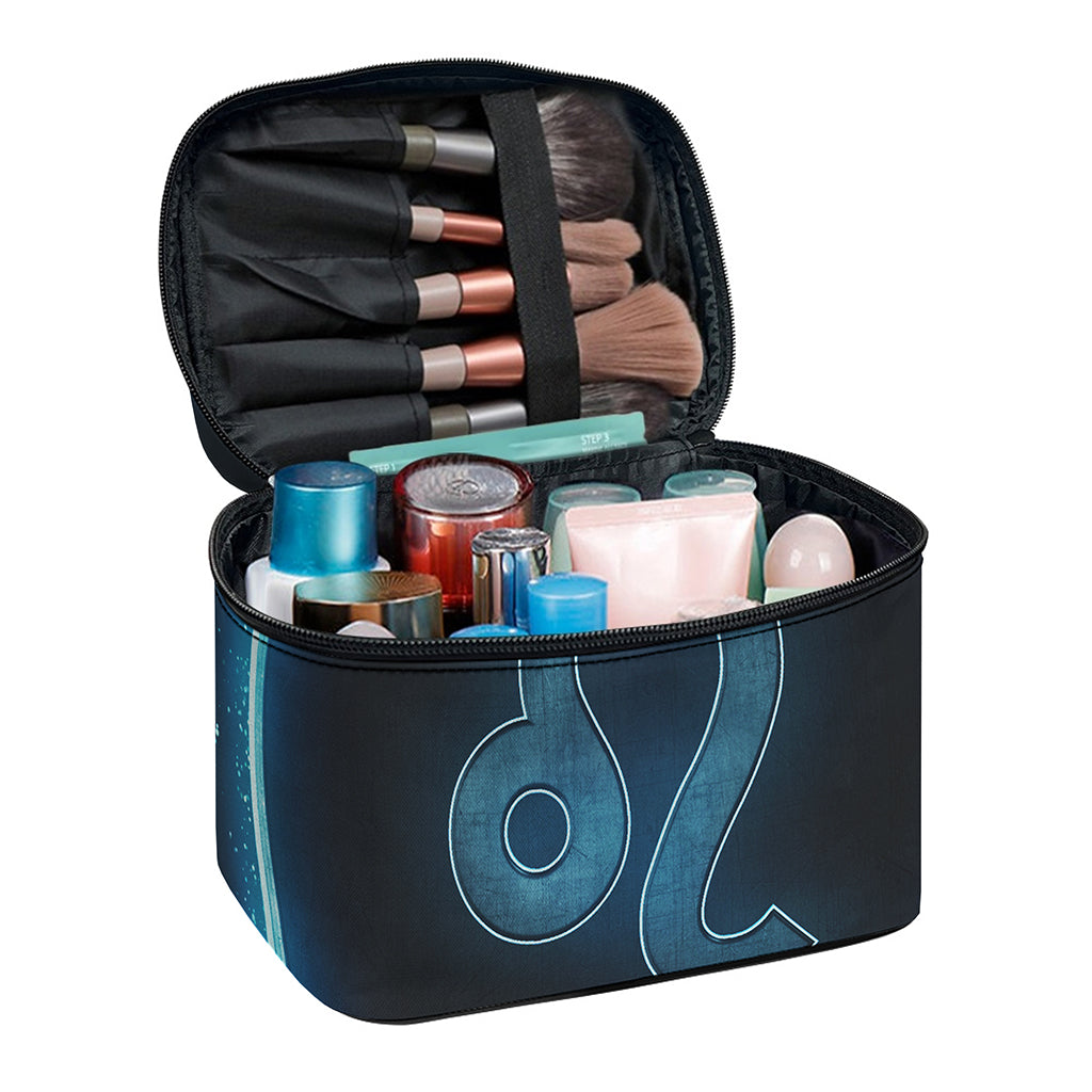 Blue Leo Zodiac Sign Print Travel Makeup Bag