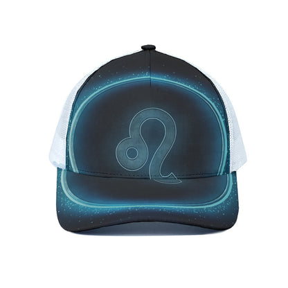 Blue Leo Zodiac Sign Print White Mesh Trucker Cap
