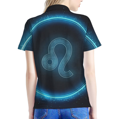 Blue Leo Zodiac Sign Print Women's Polo Shirt