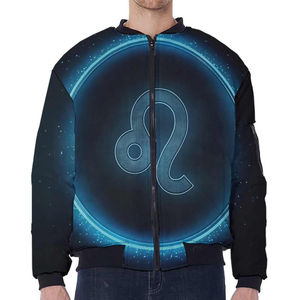 Blue Leo Zodiac Sign Print Zip Sleeve Bomber Jacket