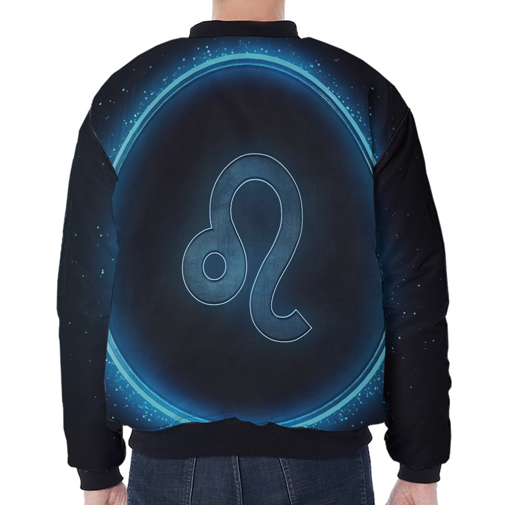 Blue Leo Zodiac Sign Print Zip Sleeve Bomber Jacket