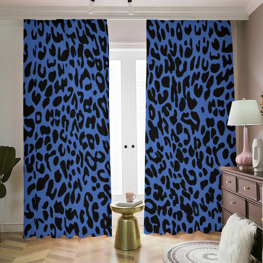 Blue Leopard Print Blackout Pencil Pleat Curtains