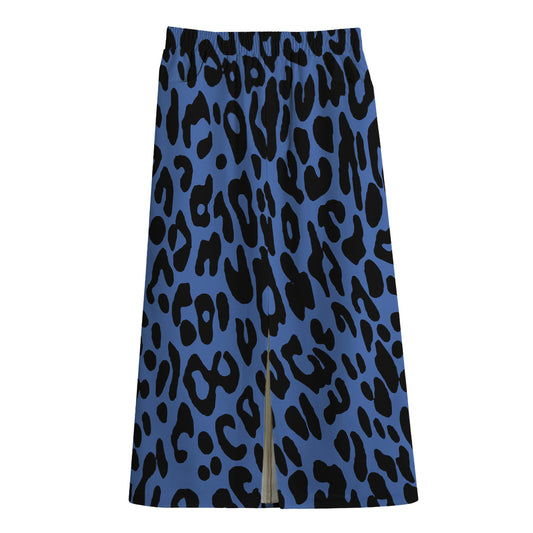 Blue Leopard Print Cotton Front Slit Maxi Skirt