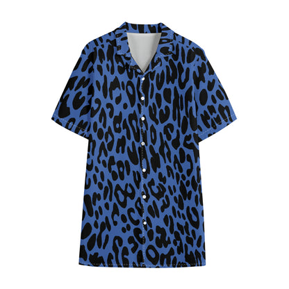 Blue Leopard Print Cotton Hawaiian Shirt