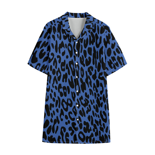 Blue Leopard Print Cotton Hawaiian Shirt