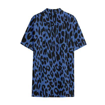 Blue Leopard Print Cotton Hawaiian Shirt