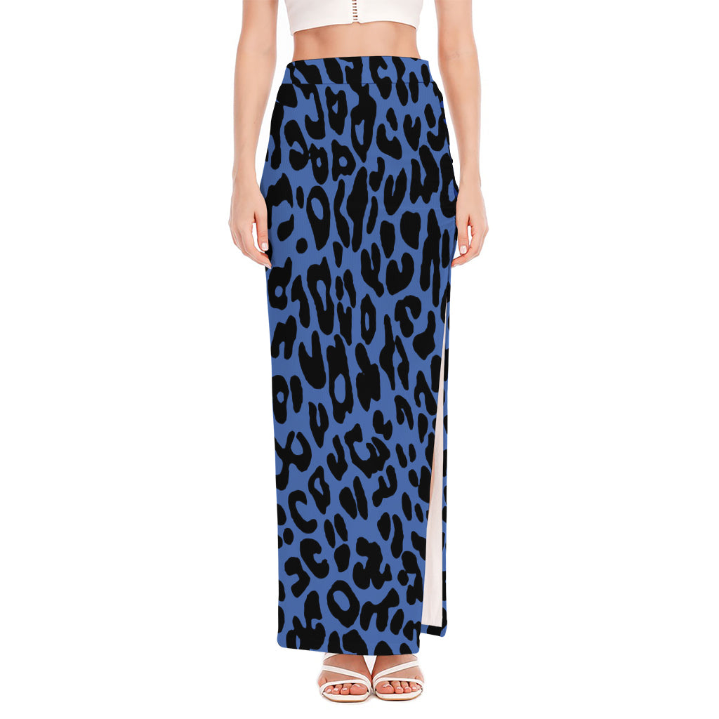 Blue Leopard Print High Slit Maxi Skirt