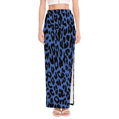 Blue Leopard Print High Slit Maxi Skirt