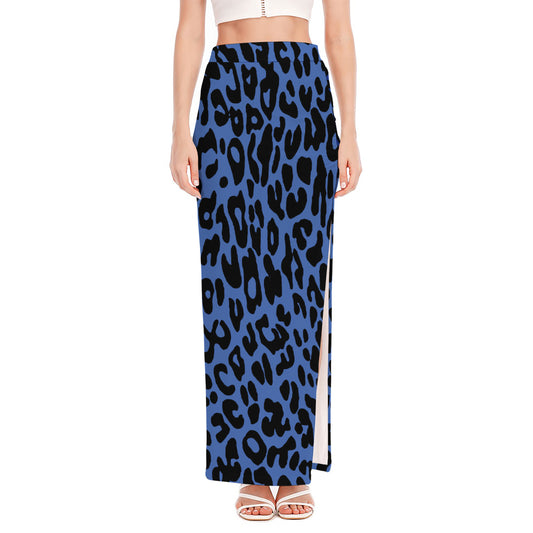 Blue Leopard Print High Slit Maxi Skirt