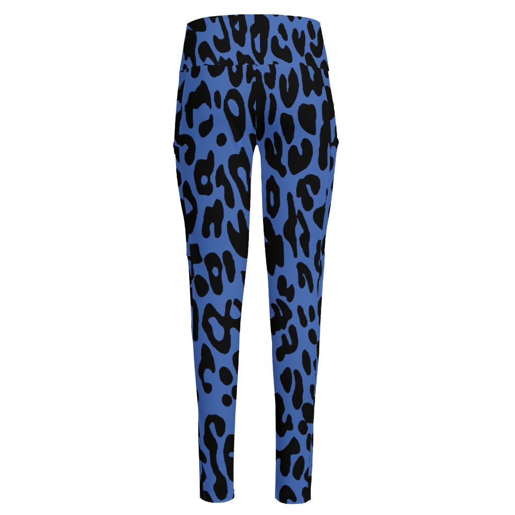 Blue Leopard Print High-Waisted Pocket Leggings