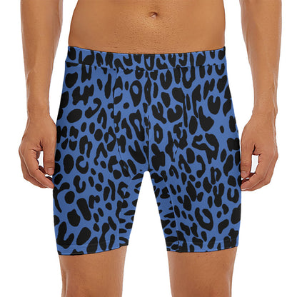 Blue Leopard Print Men's Long Boxer Briefs