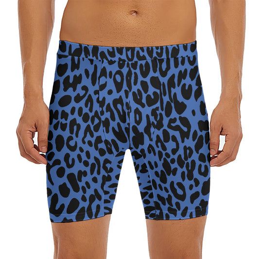 Blue Leopard Print Men's Long Boxer Briefs