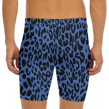 Blue Leopard Print Men's Long Boxer Briefs