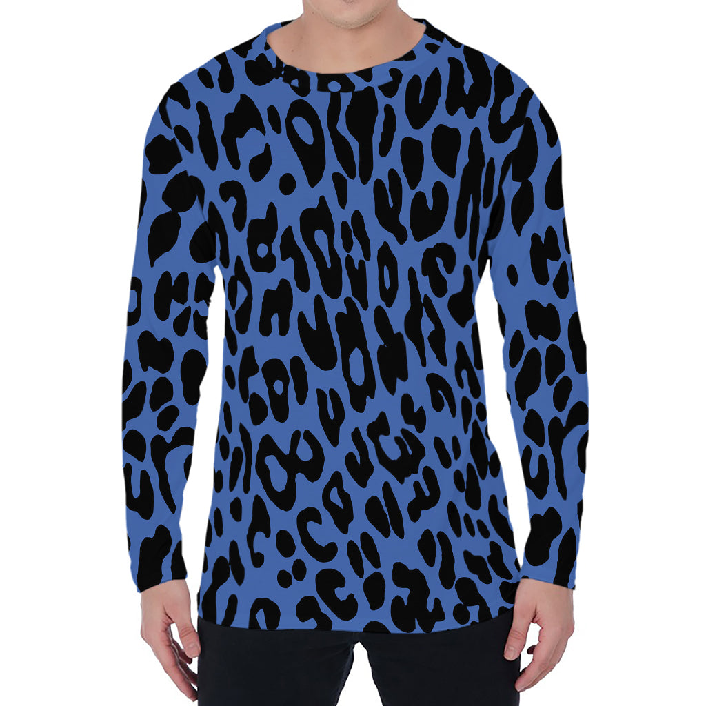 Blue Leopard Print Men's Long Sleeve T-Shirt