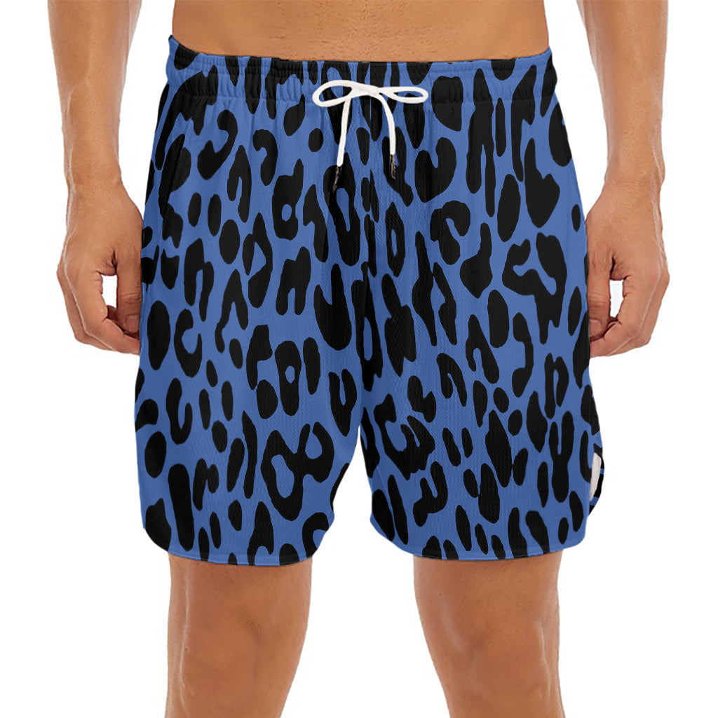 Blue Leopard Print Men's Split Running Shorts