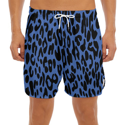 Blue Leopard Print Men's Split Running Shorts