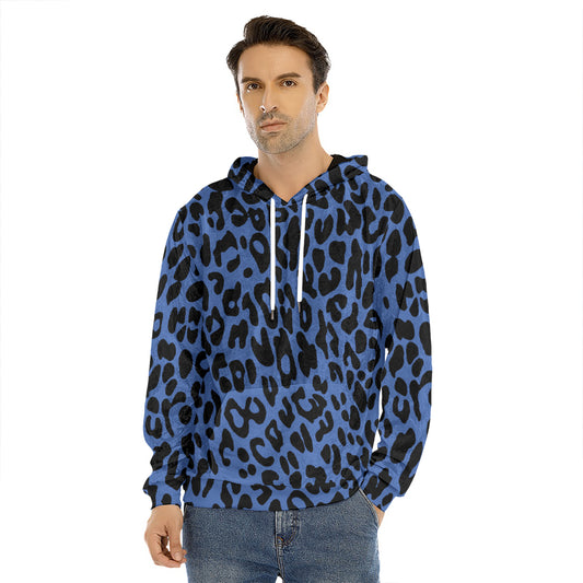 Blue Leopard Print Men's Velvet Pullover Hoodie