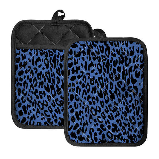 Blue Leopard Print Pot Holders With Pocket
