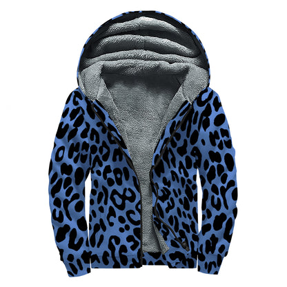 Blue Leopard Print Sherpa Lined Zip Up Hoodie