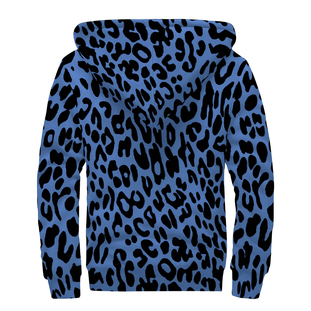 Blue Leopard Print Sherpa Lined Zip Up Hoodie