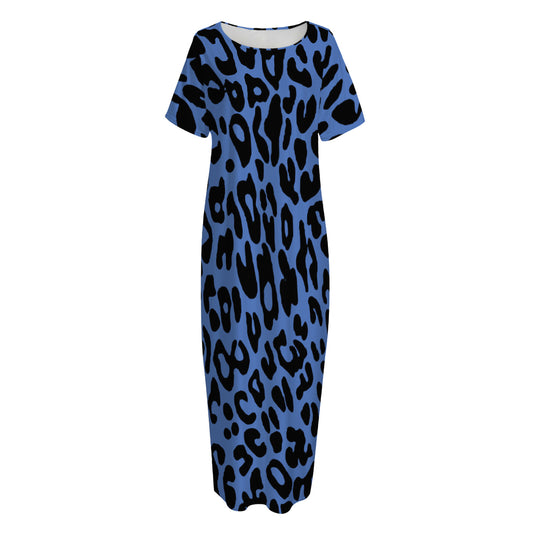 Blue Leopard Print Short Sleeve Long Nightdress