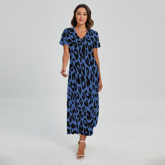 Blue Leopard Print Short Sleeve Maxi Dress