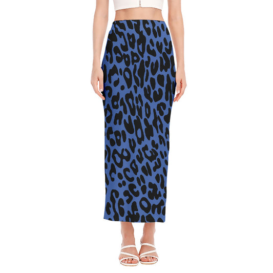 Blue Leopard Print Side Slit Maxi Skirt