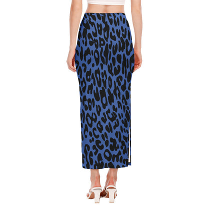 Blue Leopard Print Side Slit Maxi Skirt