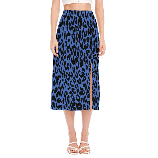 Blue Leopard Print Side Slit Midi Skirt